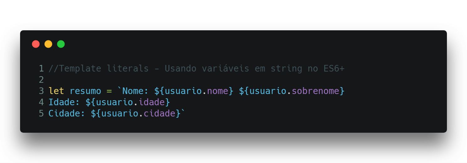 Template literals - Usando variáveis em string no ES6+